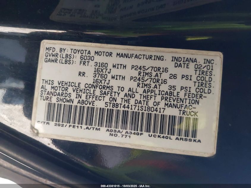 2001 Toyota Tundra Sr5 V8 VIN: 5TBBT44171S180417 Lot: 43381015