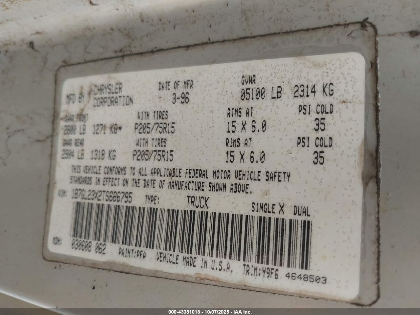 1996 Dodge Dakota VIN: 1B7GL23X2TS666795 Lot: 43381018