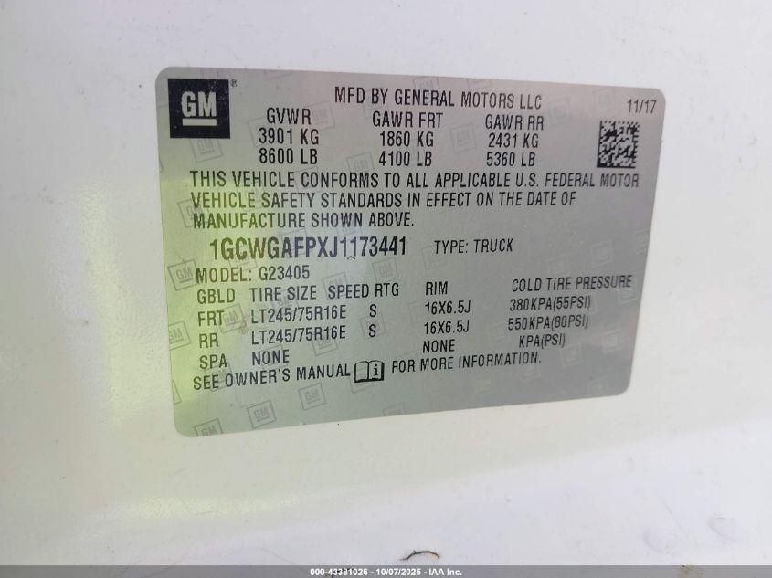 2018 Chevrolet Express 2500 Work Van VIN: 1GCWGAFPXJ1173441 Lot: 43381026