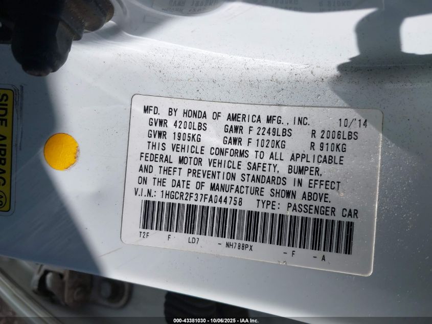 2015 Honda Accord Lx VIN: 1HGCR2F37FA044758 Lot: 43381030