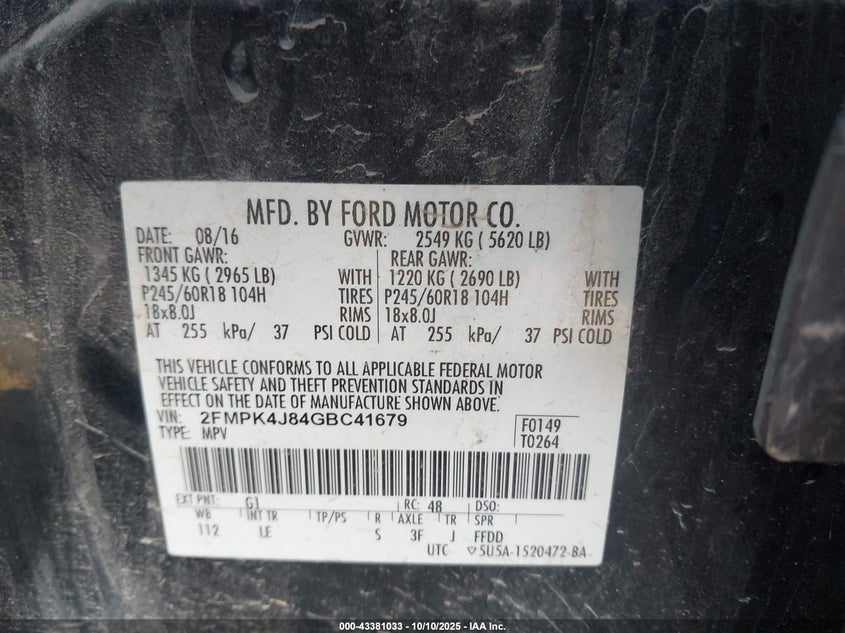 2016 FORD EDGE SEL 2FMPK4J84GBC41679