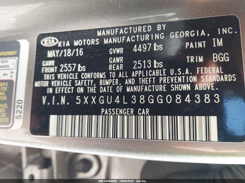 2016 Kia Optima Ex VIN: 5XXGU4L38GG084383 Lot: 43381039