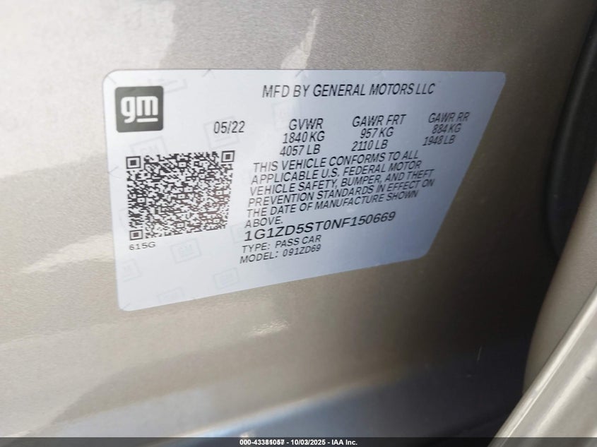 2022 CHEVROLET MALIBU FWD LT - 1G1ZD5ST0NF150669