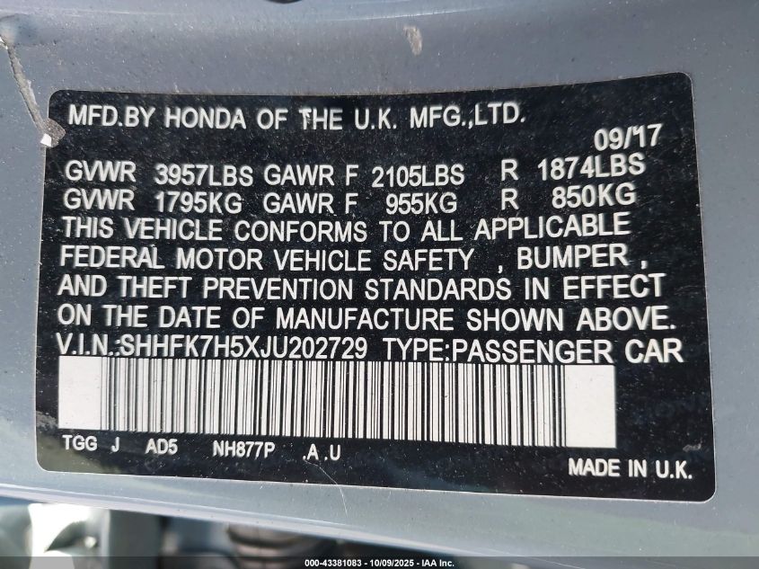 2018 Honda Civic Ex VIN: SHHFK7H5XJU202729 Lot: 43381083