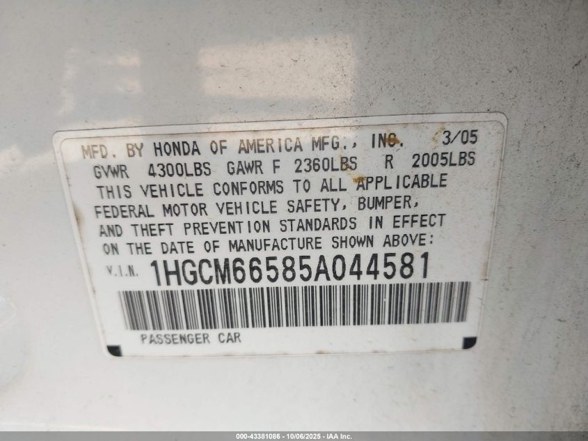 2005 Honda Accord 3.0 Ex VIN: 1HGCM66585A044581 Lot: 43381086