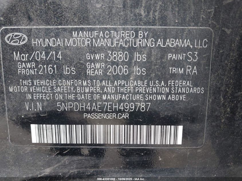 2014 Hyundai Elantra Se VIN: 5NPDH4AE7EH499787 Lot: 43381088