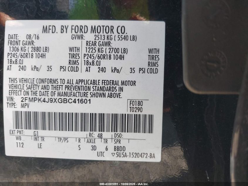 2016 Ford Edge Sel VIN: 2FMPK4J9XGBC41601 Lot: 43381091