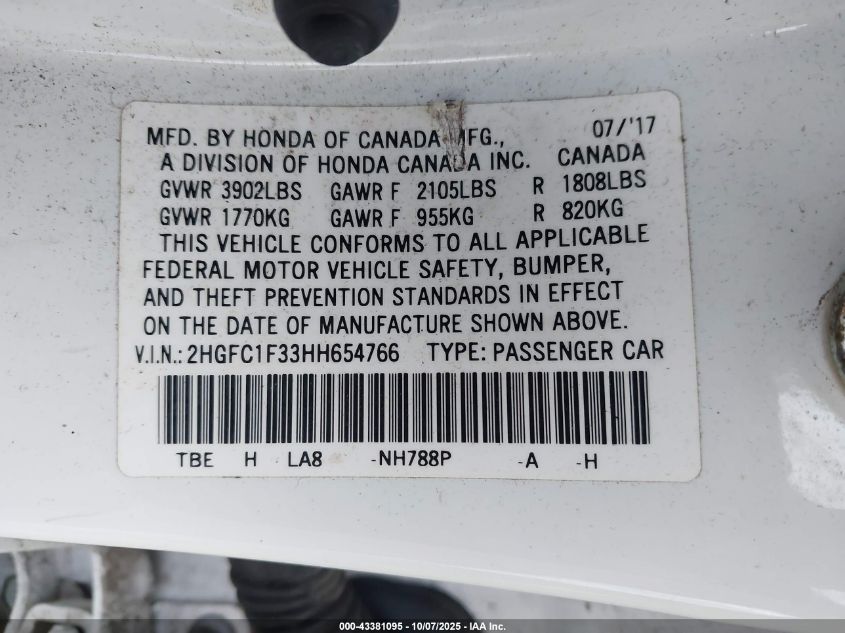 2017 Honda Civic Ex-T VIN: 2HGFC1F33HH654766 Lot: 43381095