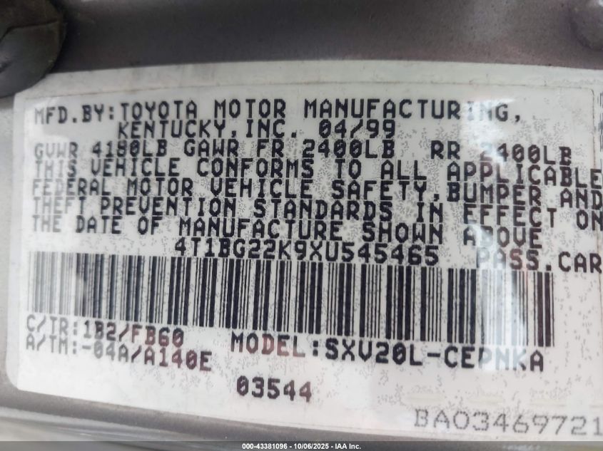 1999 Toyota Camry Le VIN: 4T1BG22K9XU545465 Lot: 43381096