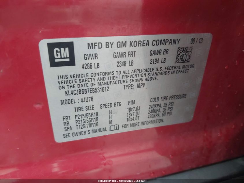 2014 Buick Encore Convenience VIN: KL4CJBSB7EB531612 Lot: 43381104