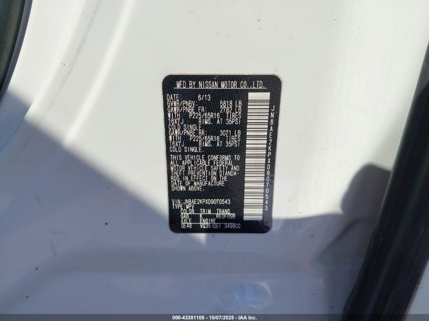 2013 Nissan Quest Sv VIN: JN8AE2KPXD9070543 Lot: 43381108