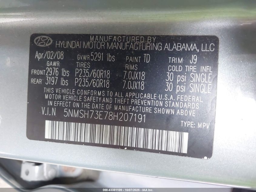 2008 Hyundai Santa Fe Limited/Se VIN: 5NMSH73E78H207191 Lot: 43381109