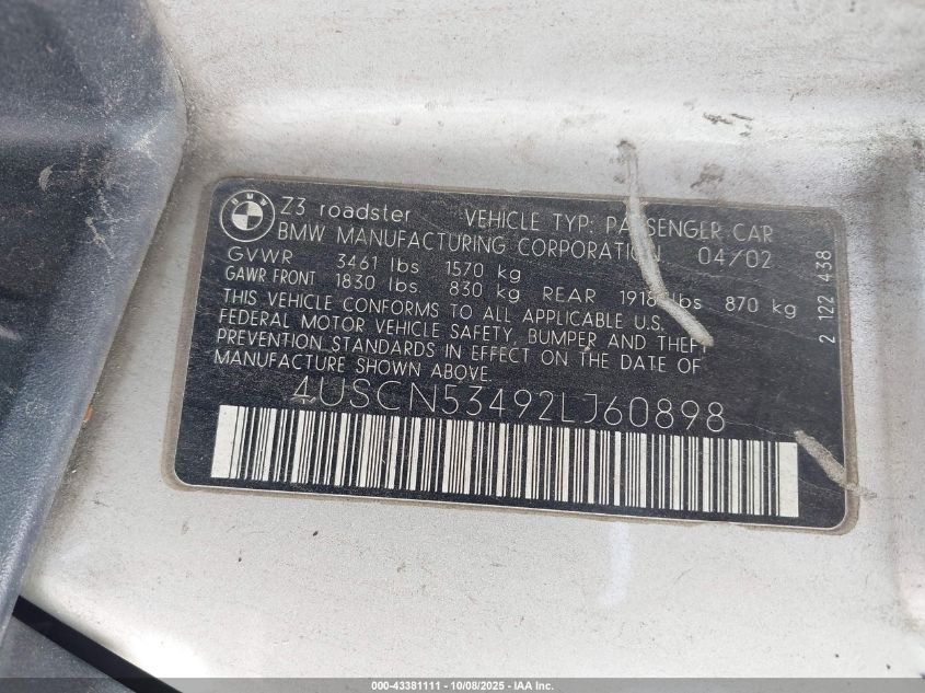 2002 BMW Z3 3.0I VIN: 4USCN53492LJ60898 Lot: 43381111