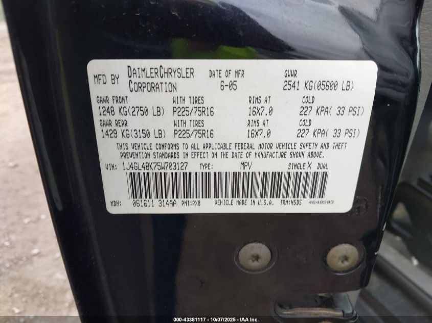2005 Jeep Liberty Sport VIN: 1J4GL48K75W703127 Lot: 43381117