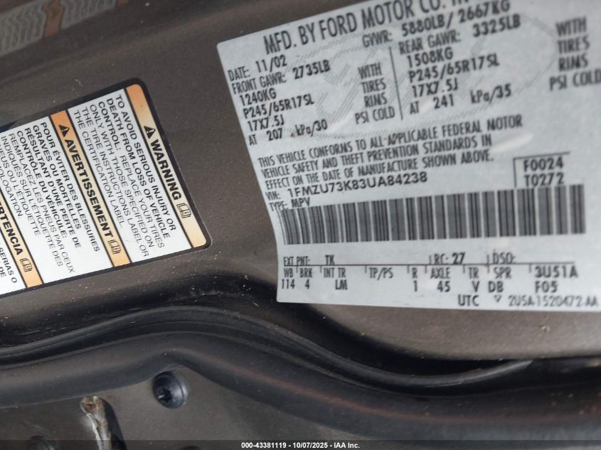 2003 Ford Explorer Nbx/Xlt VIN: 1FMZU73K83UA84238 Lot: 43381119