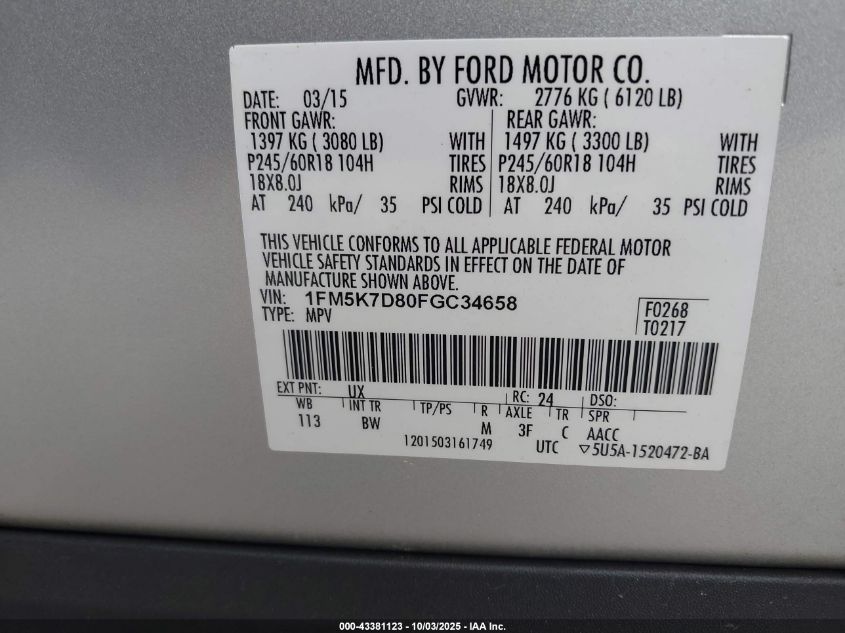 2015 Ford Explorer Xlt VIN: 1FM5K7D80FGC34658 Lot: 43381123