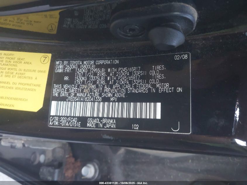 2008 Toyota Highlander VIN: JTEDS41A182041338 Lot: 43381128