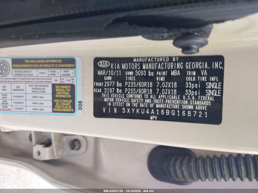 2011 Kia Sorento Ex VIN: 5XYKU4A16BG168721 Lot: 43381130