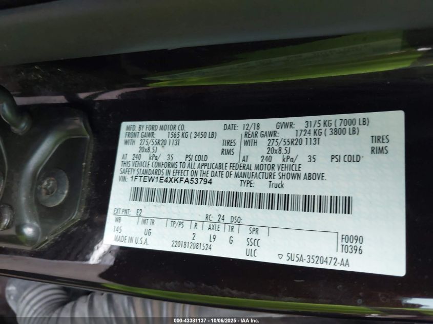 2019 Ford F-150 Xlt VIN: 1FTEW1E4XKFA53794 Lot: 43381137