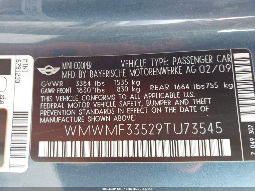 2009 Mini Cooper VIN: WMWMF33529TU73545 Lot: 43381138