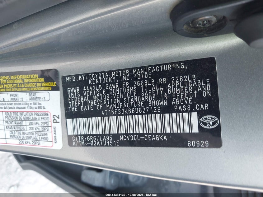 2006 Toyota Camry Xle V6 VIN: 4T1BF30K66U627129 Lot: 43381139