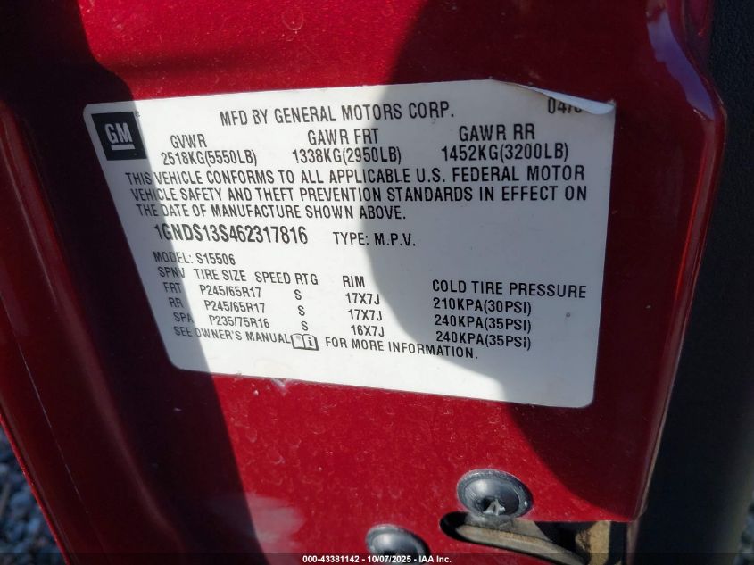 2006 Chevrolet Trailblazer Lt VIN: 1GNDS13S462317816 Lot: 43381142