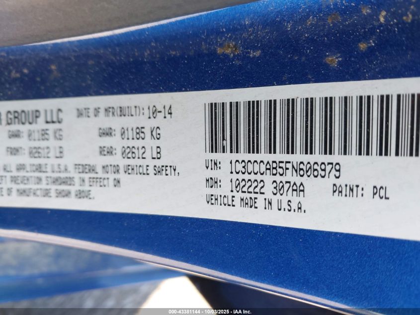 2015 Chrysler 200 Limited VIN: 1C3CCCAB5FN606979 Lot: 43381144