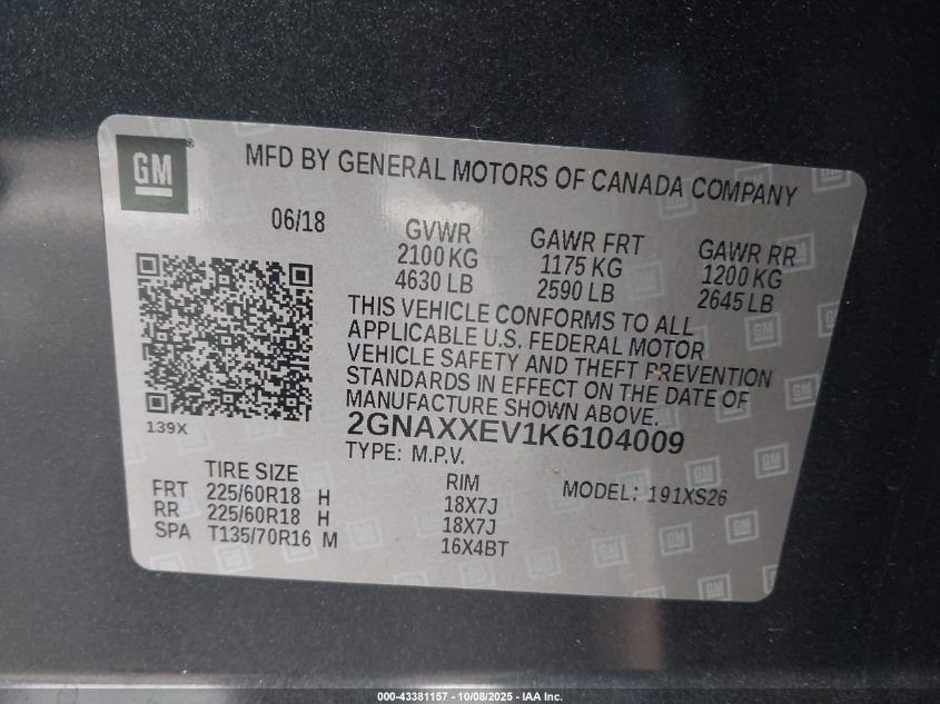 2019 Chevrolet Equinox Premier VIN: 2GNAXXEV1K6104009 Lot: 43381157