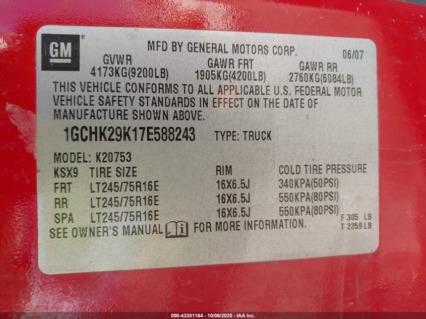 2007 Chevrolet Silverado 2500Hd Lt1 VIN: 1GCHK29K17E588243 Lot: 43381164