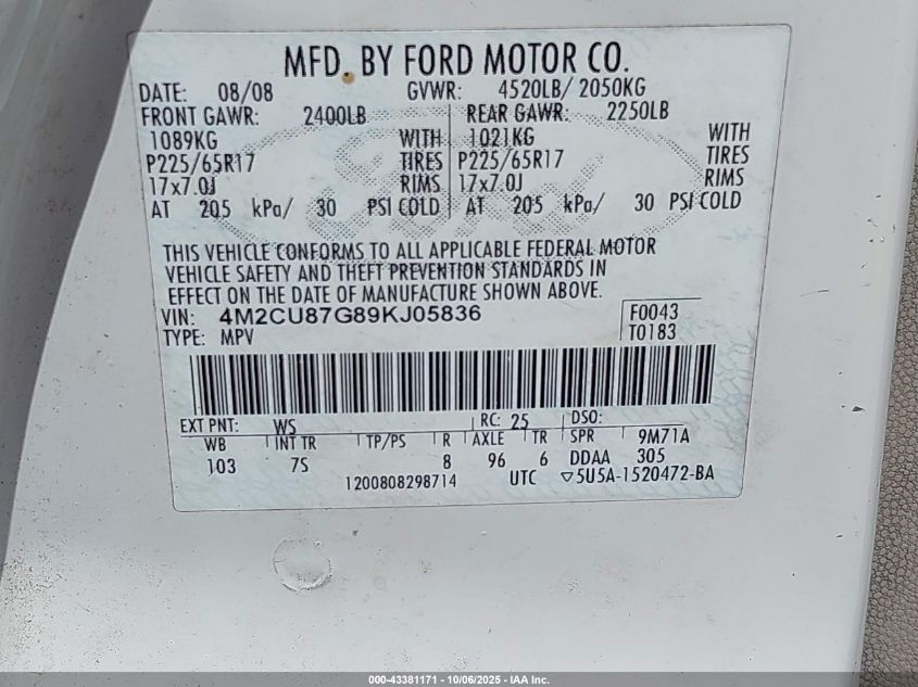 2009 Mercury Mariner Premier V6 VIN: 4M2CU87G89KJ05836 Lot: 43381171