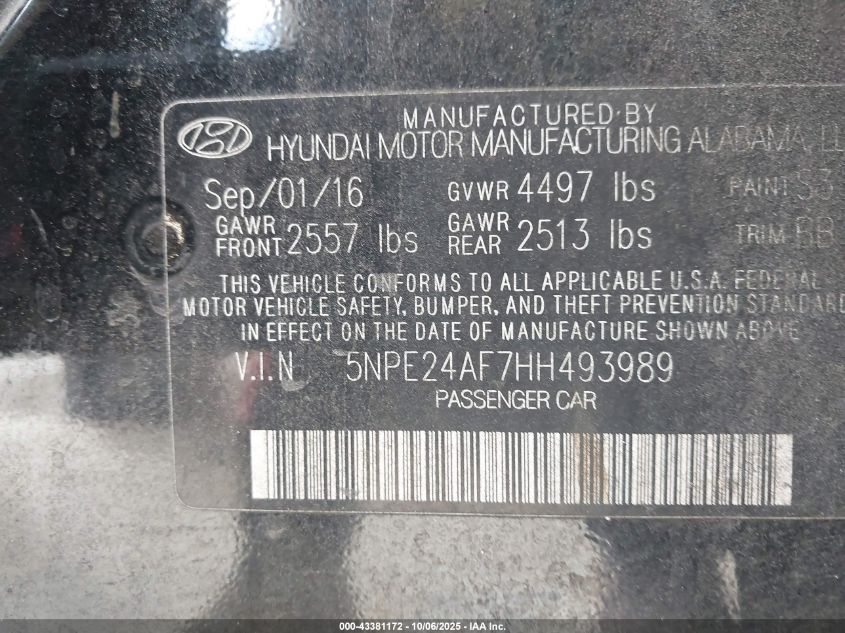 2017 Hyundai Sonata Se VIN: 5NPE24AF7HH493989 Lot: 43381172