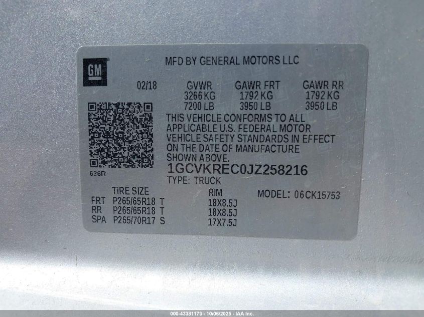 2018 Chevrolet Silverado 1500 1Lt VIN: 1GCVKREC0JZ258216 Lot: 43381173
