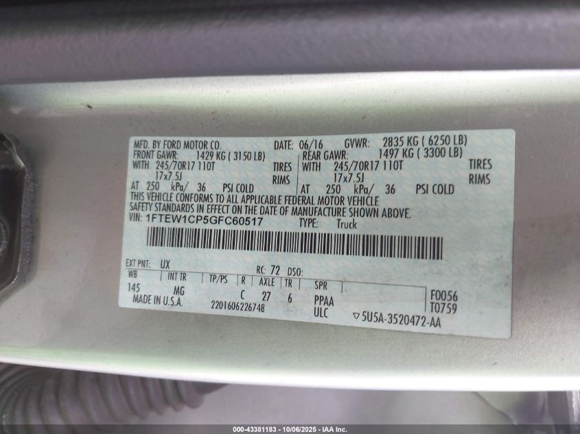 2016 Ford F-150 Xlt VIN: 1FTEW1CP5GFC60517 Lot: 43381183