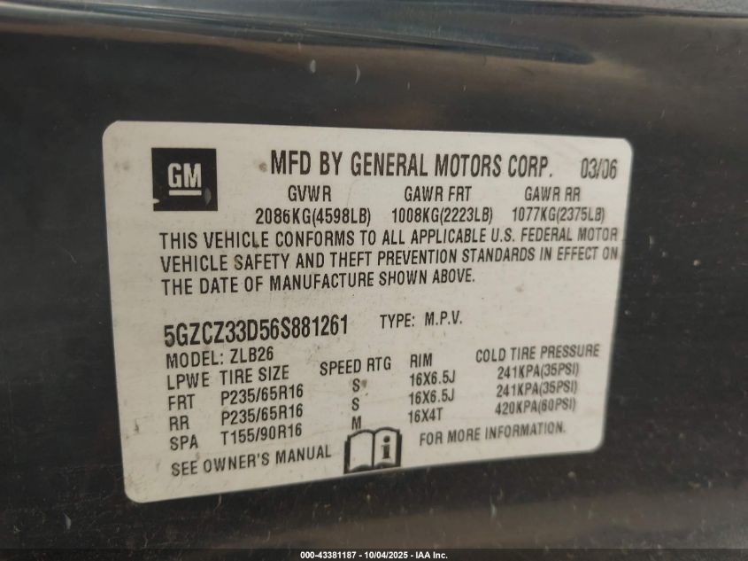 2006 Saturn Vue 4 Cyl VIN: 5GZCZ33D56S881261 Lot: 43381187