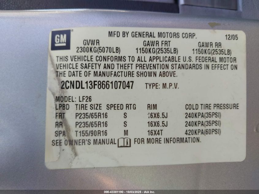 2006 Chevrolet Equinox Ls VIN: 2CNDL13F866107047 Lot: 43381190