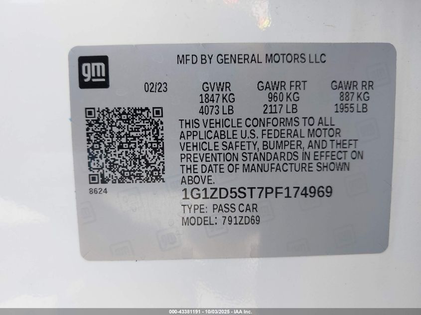 2023 Chevrolet Malibu Fwd 1Lt VIN: 1G1ZD5ST7PF174969 Lot: 43381191