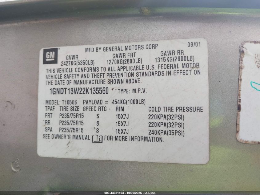 2002 Chevrolet Blazer Ls VIN: 1GNDT13W22K135560 Lot: 43381193