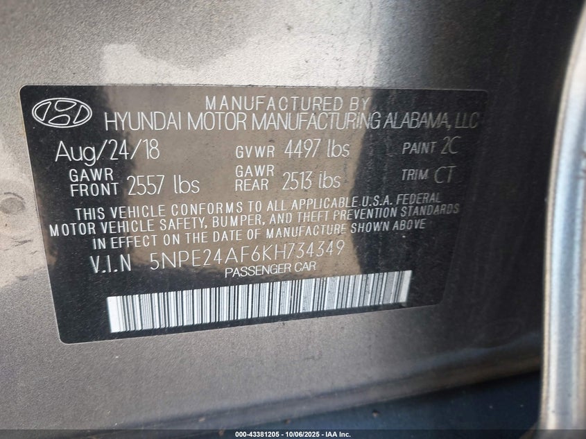 2019 Hyundai Sonata Se VIN: 5NPE24AF6KH734349 Lot: 43381205