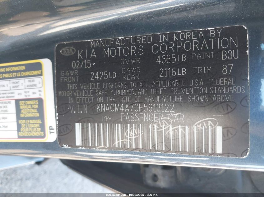 2015 Kia Optima Lx VIN: KNAGM4A70F5613122 Lot: 43381208