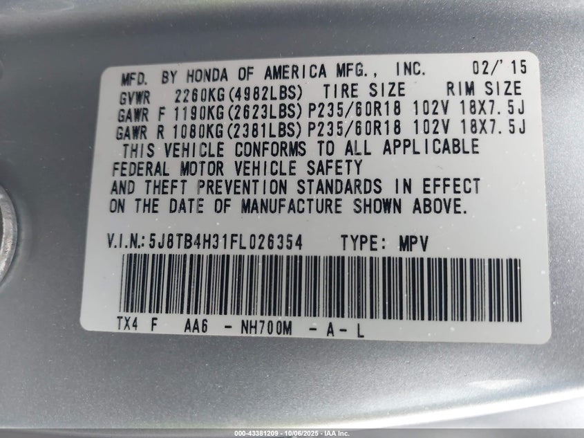 2015 ACURA RDX 5J8TB4H31FL026354