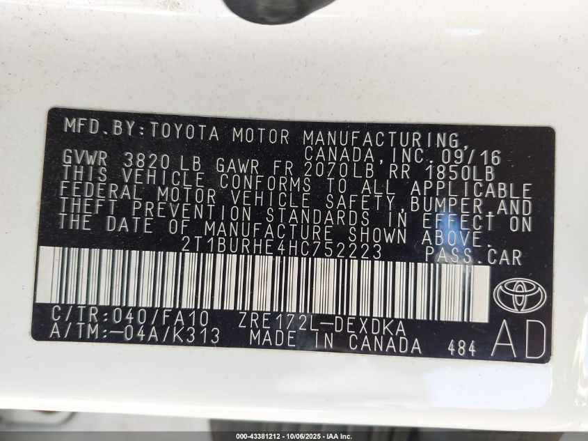 2017 Toyota Corolla L VIN: 2T1BURHE4HC752223 Lot: 43381212