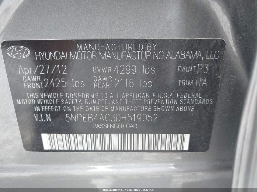 2013 Hyundai Sonata Gls VIN: 5NPEB4AC3DH519052 Lot: 43381214