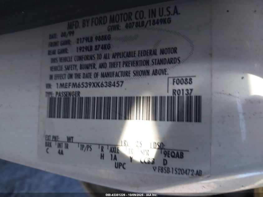 1999 Mercury Mystique Gs VIN: 1MEFM6539XK638457 Lot: 43381226
