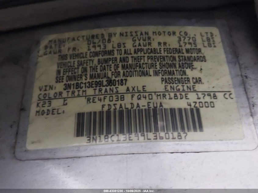 2009 Nissan Versa 1.8S VIN: 3N1BC13E99L360187 Lot: 43381230