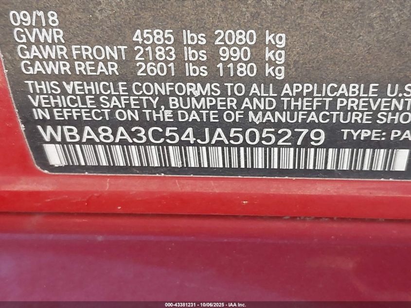 2018 BMW 320I xDrive VIN: WBA8A3C54JA505279 Lot: 43381231