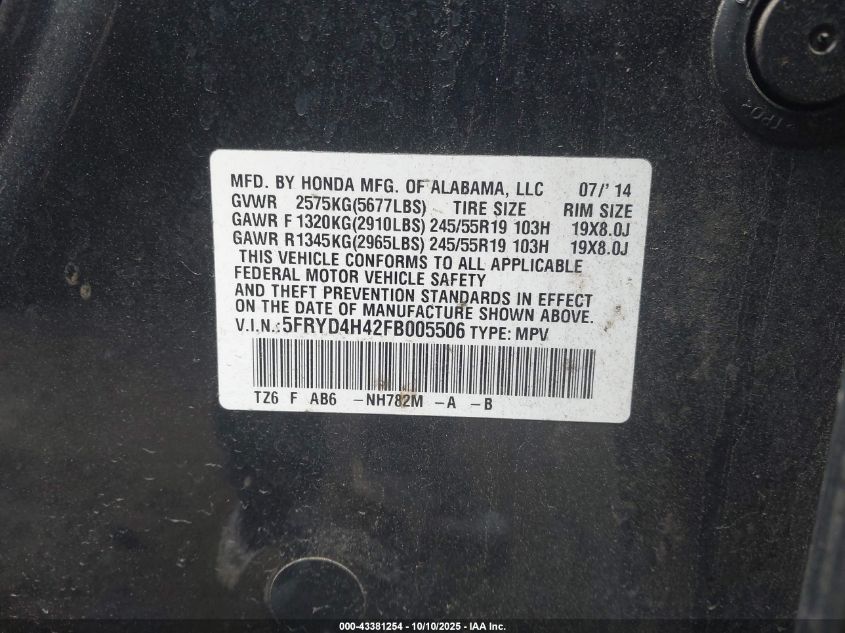 2015 Acura Mdx Technology Package VIN: 5FRYD4H42FB005506 Lot: 43381254