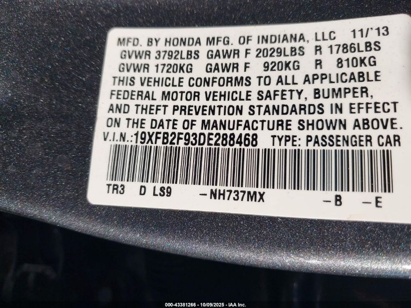 2013 Honda Civic Ex-L VIN: 19XFB2F93DE288468 Lot: 43381266