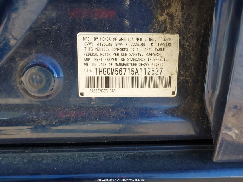 2005 Honda Accord 2.4 Ex VIN: 1HGCM56715A112537 Lot: 43381277