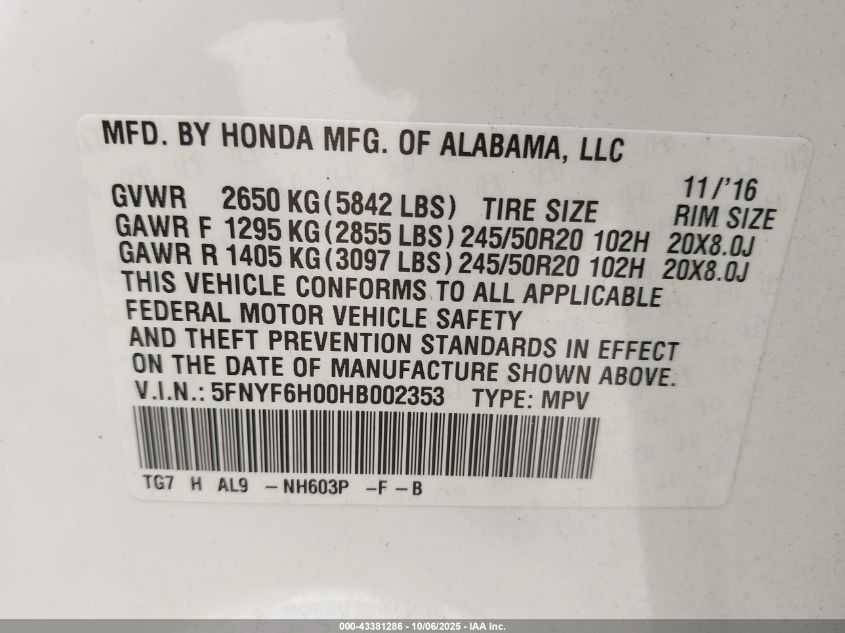 2017 Honda Pilot Elite VIN: 5FNYF6H00HB002353 Lot: 43381286