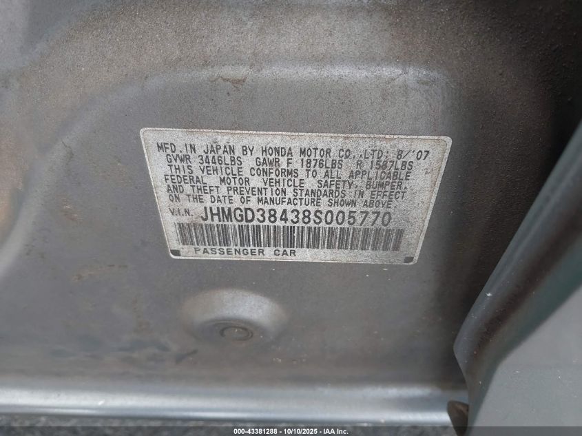 2008 Honda Fit VIN: JHMGD38438S005770 Lot: 43381288